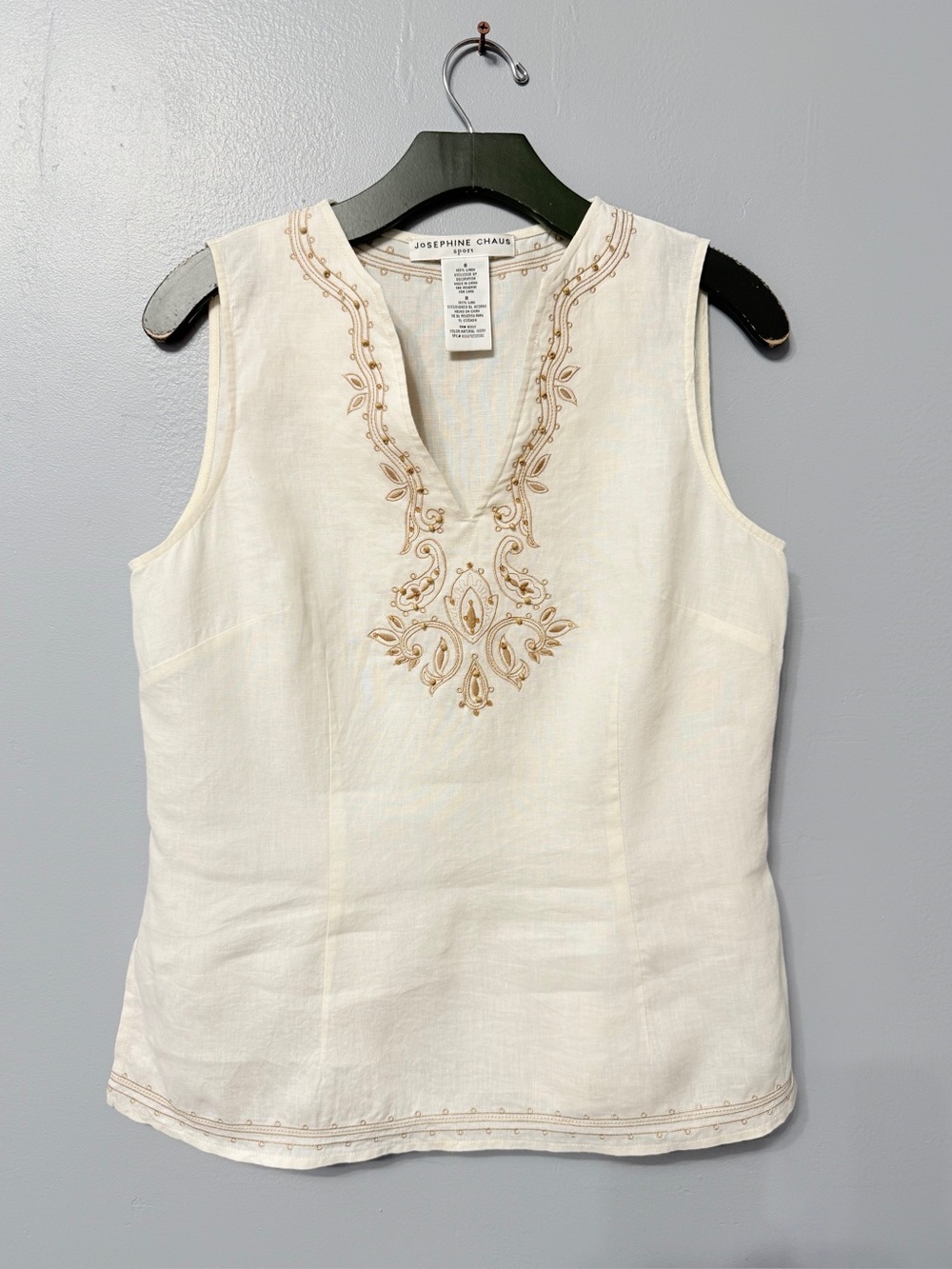 #17)  Josephine Chaus Cream 100% Linen Sleeveless Top with Gold Embroidery